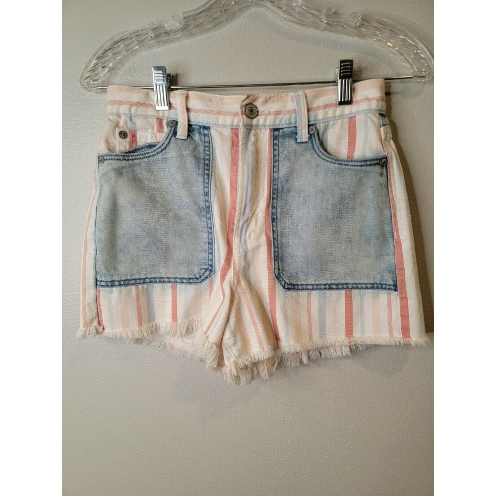 American Eagle Women's Size 0 Blue White Striped High Rise Mom Shorts - Picture 2 of 6